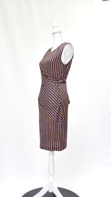 Diane Von Furstenberg, Brown/Navy/Orange/White Print Panelled Tie Waist Silk S/Less Dress, Size US4