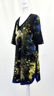 Cavalli Class Roberta Cavalli, Green/Black/Yellow/Multi/Blue V Neck Floral Print 1/2 Slv Midi Dress, Size US14