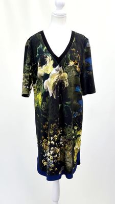 Cavalli Class Roberta Cavalli, Green/Black/Yellow/Multi/Blue V Neck Floral Print 1/2 Slv Midi Dress, Size US14