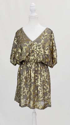 Hoss Intropia, Taupe/Gold Sequin Embellished V-Neck S/Slv Dress, Size 42