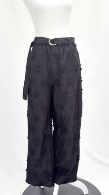 Crinkle Crinkle, Black Embroidered Floral Textured Pants W/Belt, Size S/M