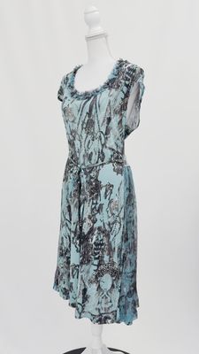 Roberta Scarpa, Green/Brown/White Abstract Print Frill Neck S/Less Midi Dress W/Tie Belt, Size US16