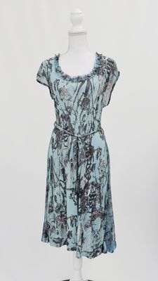 Roberta Scarpa, Green/Brown/White Abstract Print Frill Neck S/Less Midi Dress W/Tie Belt, Size US16
