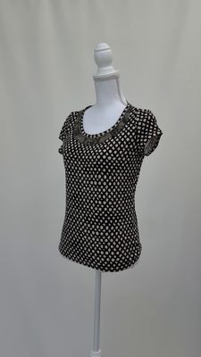 Weekend Max Mara, Black/Cream Circle Print Chain/Bead Embellished Neckline Cap Slv Top, Size S