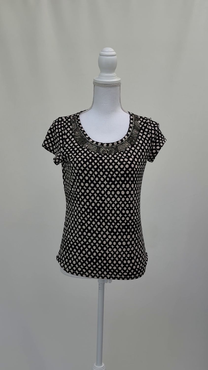 Weekend Max Mara, Black/Cream Circle Print Chain/Bead Embellished Neckline Cap Slv Top, Size S