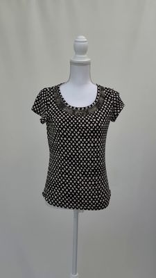 Weekend Max Mara, Black/Cream Circle Print Chain/Bead Embellished Neckline Cap Slv Top, Size S