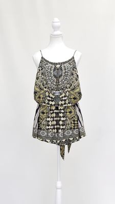 Camilla, Beige/Black/Multi Print Crystal Embellished Silk Strappy Playsuit, Size S