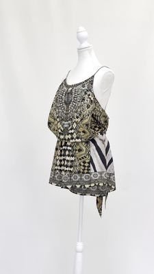Camilla, Beige/Black/Multi Print Crystal Embellished Silk Strappy Playsuit, Size S