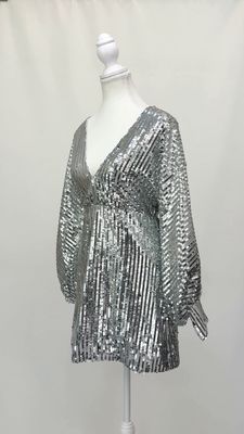Torannce, Silver/White Sequin Embellished Blouson L/Slv Dress