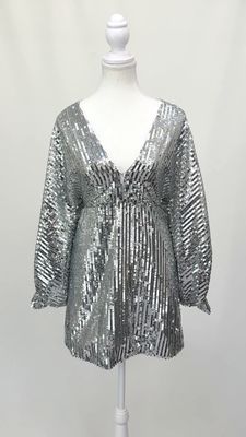 Torannce, Silver/White Sequin Embellished Blouson L/Slv Dress