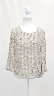 By Marlene Birger, Cream/Multi Lurex Tweed Front L/Slv Top, Size 36