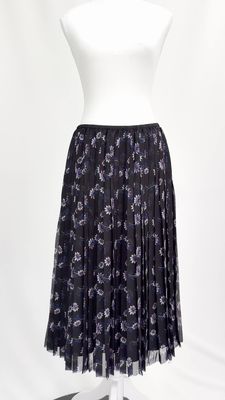 Kenzo, Black/Purple Floral Print Pleat Midi Skirt, Size 36