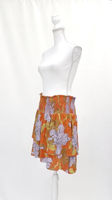 Husk, Orange/Lilac/Brown Print Tiered Shirred Waist Silk Mini Skirt, Size 14