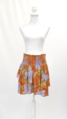 Husk, Orange/Lilac/Brown Print Tiered Shirred Waist Silk Mini Skirt, Size 14