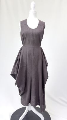 MM Sohn, Brown Panelled Button Waist Shaped Midi Hem S/Less Linen Dress W/Tie Waist, Size S