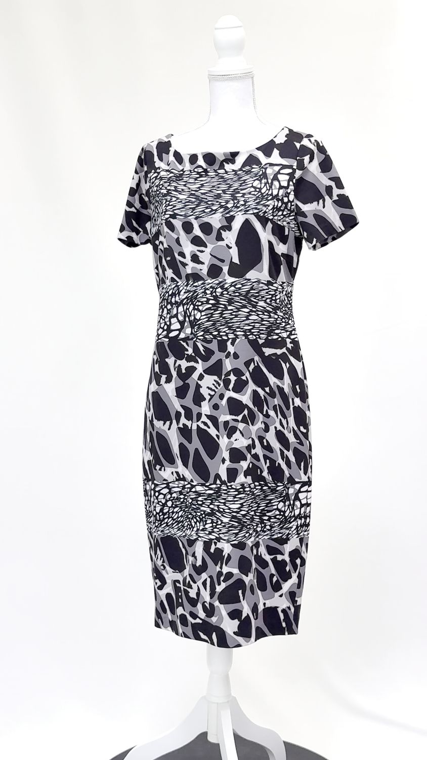 Escada, Black/Grey Animal Print S/Less Midi Dress, Size 40