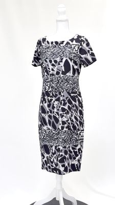 Escada, Black/Grey Animal Print S/Less Midi Dress, Size 40
