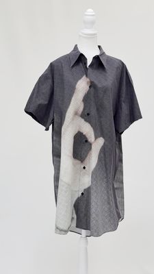 MM Maison Margiela, Black/Multi Dot Digital Abstract Hand Print Button-Up S/Slv Shirtdress, Size S