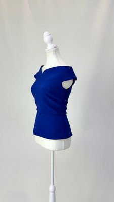 Roland Mouret, Royal Blue Assymetrical Wide Off-Shoulder Neckline Peplum Top W/Back Zip