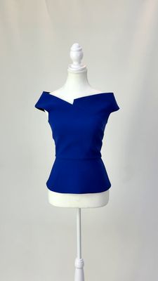 Roland Mouret, Royal Blue Assymetrical Wide Off-Shoulder Neckline Peplum Top W/Back Zip