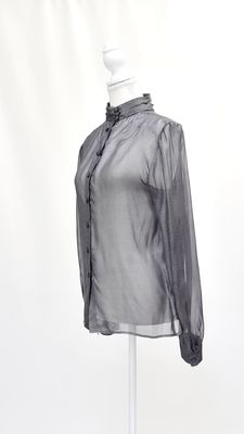 Jill Stuart, Silver Grey Metallic Pleat High Neckline L/Slv Silk Blouse, Size 8