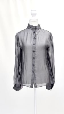 Jill Stuart, Silver Grey Metallic Pleat High Neckline L/Slv Silk Blouse, Size 8