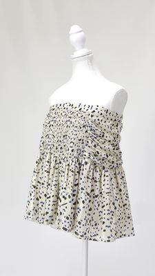 Sabina Musayev, Cream/Blue/Black Print Shirred Mini Skirt, Size L