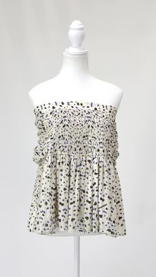 Sabina Musayev, Cream/Blue/Black Print Shirred Mini Skirt, Size L