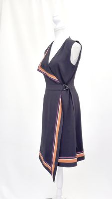 Karen Millen, Black/Orange/White Stripe Trim Asymmetrical Wrap Belt Waist S/Less Dress, Size US6/UK10