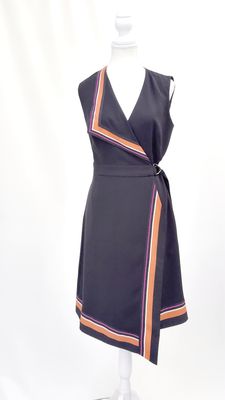 Karen Millen, Black/Orange/White Stripe Trim Asymmetrical Wrap Belt Waist S/Less Dress, Size US6/UK10