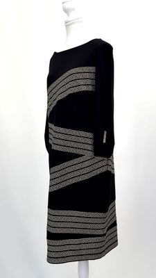 Joseph Ribkoff, Black/Beige Wide Neck Print Gather 3/4 Slv Midi Dress, Size US16/UK18