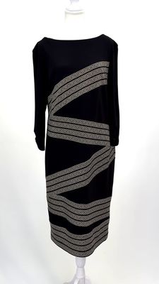 Joseph Ribkoff, Black/Beige Wide Neck Print Gather 3/4 Slv Midi Dress, Size US16/UK18