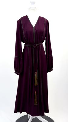 Megan Park, Deep Purple/Olive Contrast Trims V-Neck L/Slv Midi Dress, Size 0