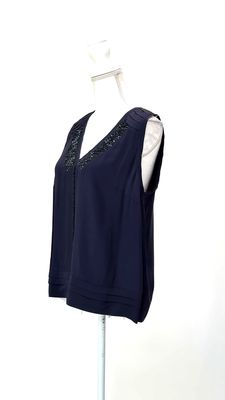 Entracte, Grey Pleat V-Neck Beaded Neckline Silk S/Less Top