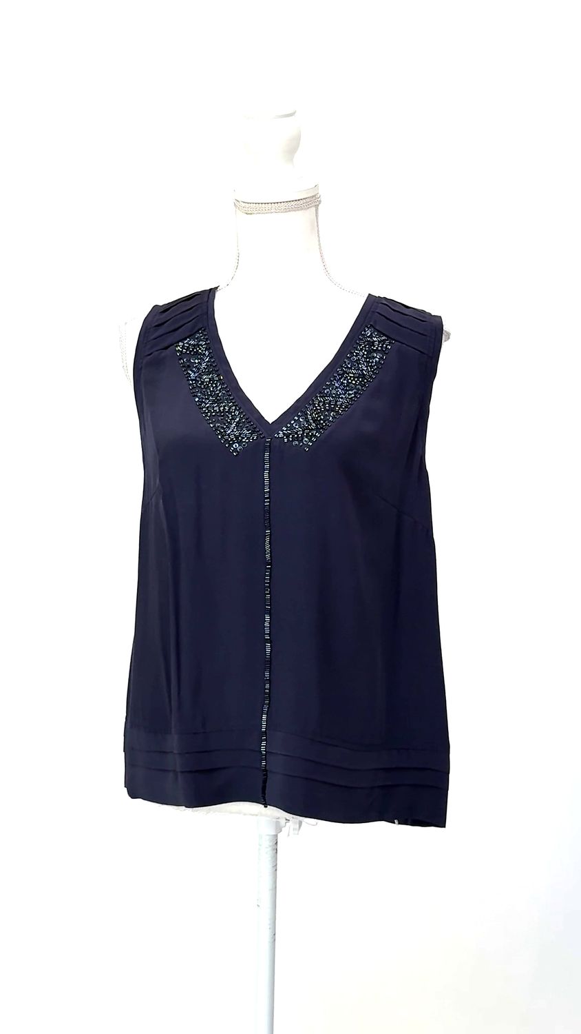 Entracte, Grey Pleat V-Neck Beaded Neckline Silk S/Less Top