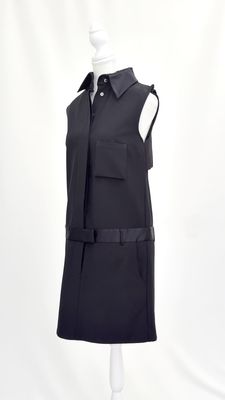 Ellery, Black Concealed Button-Front Drop Waist Satin Trims S/Less Dress, Size 8