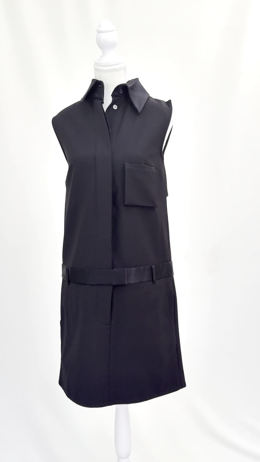 Ellery, Black Concealed Button-Front Drop Waist Satin Trims S/Less Dress, Size 8
