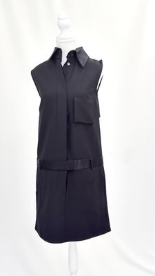 Ellery, Black Concealed Button-Front Drop Waist Satin Trims S/Less Dress, Size 8