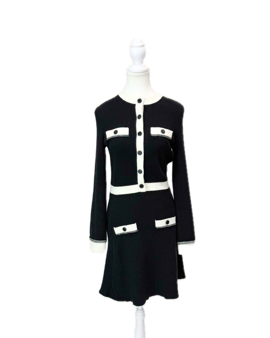 Maje, Black/White Snapstud Button Front Chain Details Contrast Trims Rib Knit L/Slv  Dress .Size 42