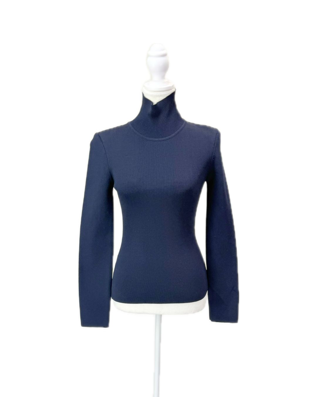 Scanlan Theodore Navy Turtle Neck Viscose Crepe Knit L/slv Top. Size Small