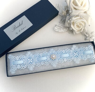 Wedding garter, Blue slotted lace, gift boxed
