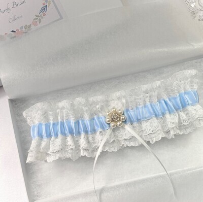 Blue With Light Ivory Lace Wedding Garter in Gift box
