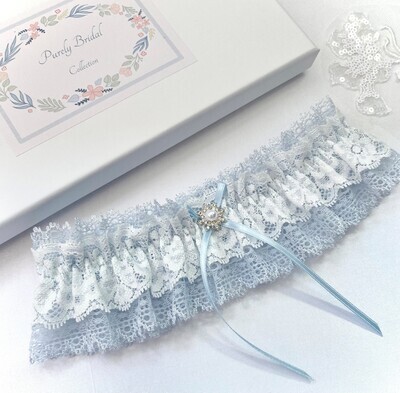 Blue and Ivory Wedding Garter in Gift Box