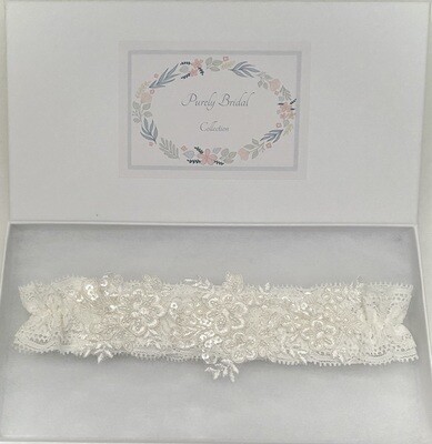 Wedding garter, Beaded Alencon Lace, Ivory, Gift boxed