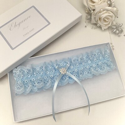 Wedding garter, Blue lace with blue bow and pearl centre