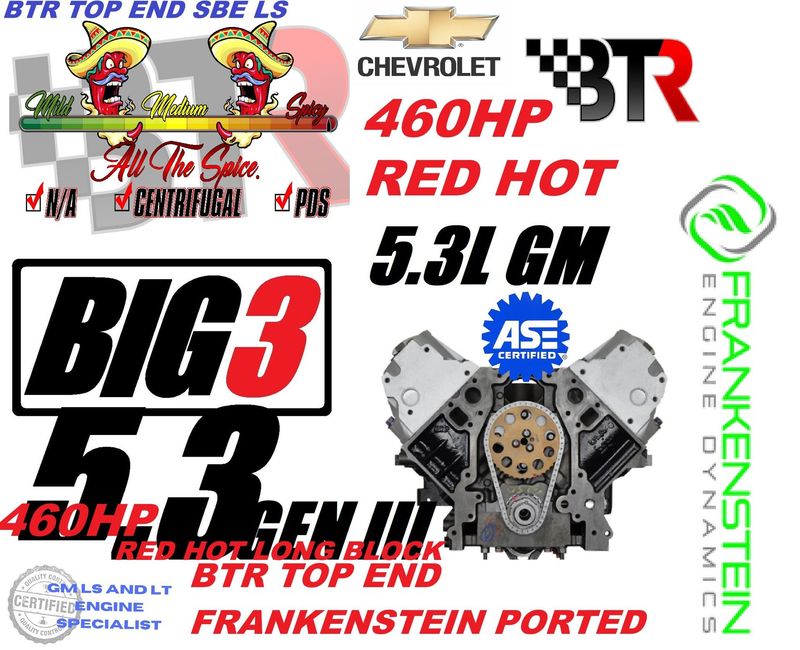 1999-2007 5.3 GEN 3 VORTEC/LS 3 YEAR WARRANTY UP TO 500HP UPGRADE THREE FULL BTR TOP END FRANKENSTEIN PORTED CYLINDER HEADS