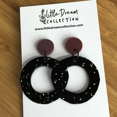 Glitter acrylic circle earrings | Acrylic circle dangles | Black dangle earrings