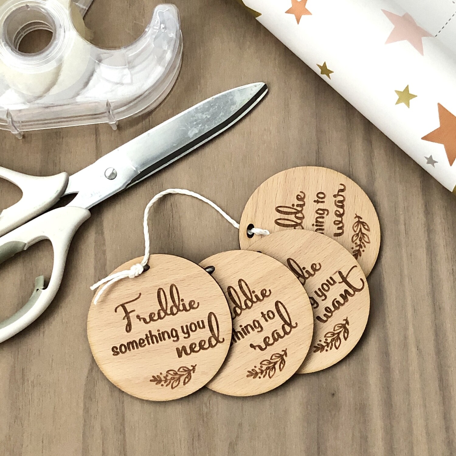 Personalised Round Christmas Need, Want, Read, Wear Tags