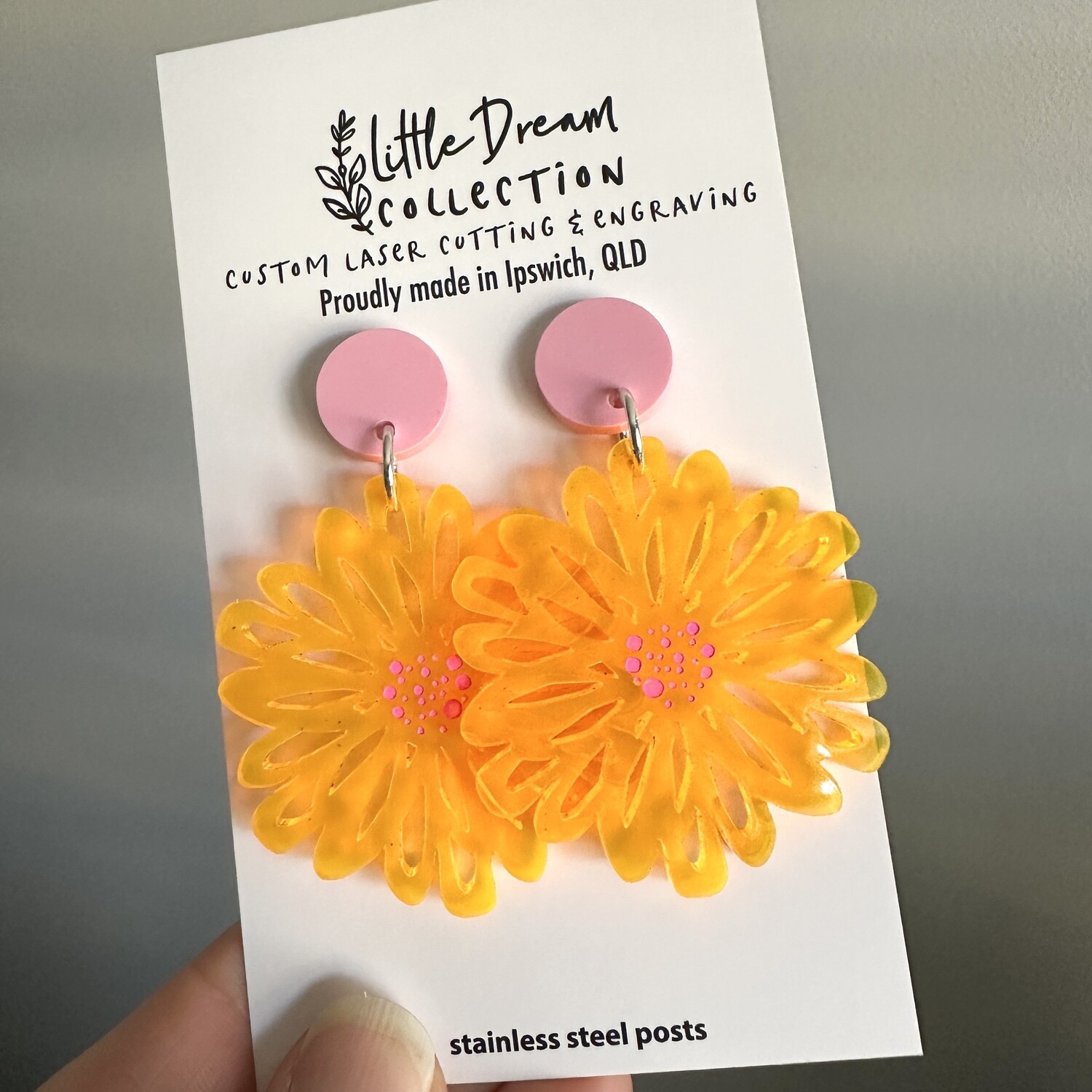 Pink Gerbera Flower Acrylic Earrings