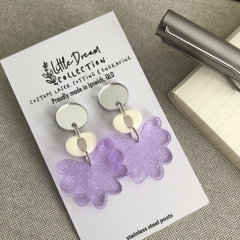 Purple glitter scallop acrylic earrings